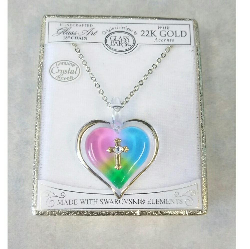 NIB Glass Baron Rainbow Heart  Pendant Necklace